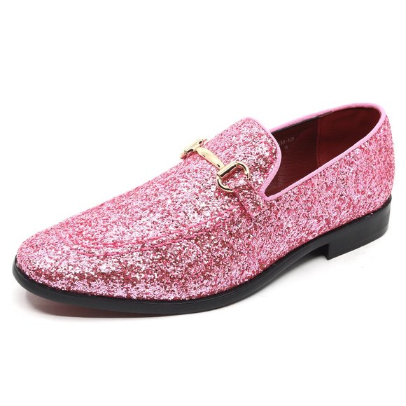 Pink Glitter Men's Vintage Designer Classic Smoking Dress Tuxedo Loafers Shoes - Picture 1 of 6